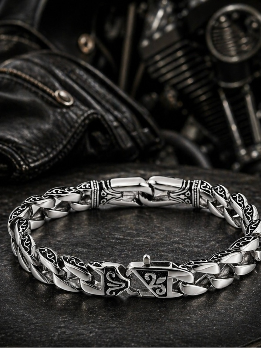 Black Engraved Link Bracelet: 316L Stainless Steel